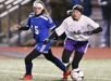 Little Falls' Kharla Gullis (15) right, puts a move on Dolgeville's Hannah Spofford (15) during early action. (Photo By - Jeff Pexton - Perfect Game Imaging)