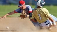 Notre Dame's Kinsey Williams (1) slides safely into second base as New Hartford shortstop Jack Burns looks to reel in the throw (Photo By Jeff Pexton - Perfect Game Imaging)