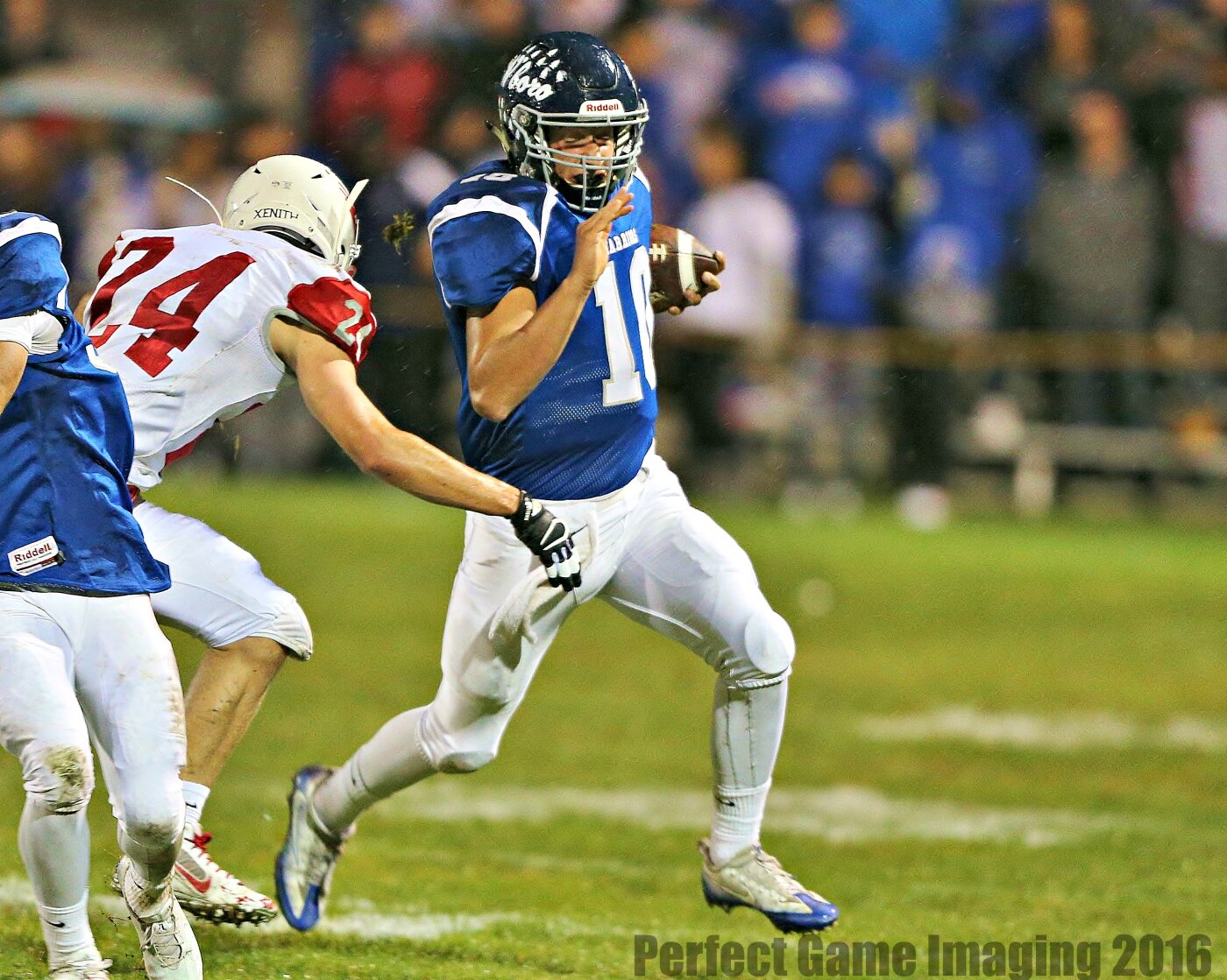 Whitesboro Donte Filletti avoids Carthage tacklers during Friday night's Class A National game. (Photo by Jeff Pexton - Perfect Game Imaging)