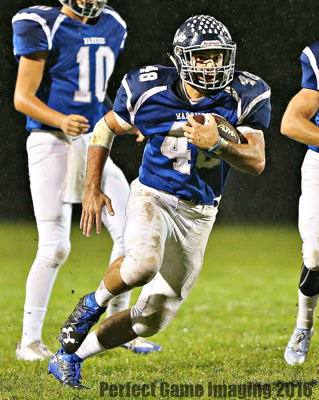 Warriors running back Mike Cirasuolo (48) finds running room during 2nd quarter action of Friday night's game against Carthage. Cirasuolo ran for two touchdowns on the night. (Photo By - Jeff Pexton - Perfect Game Imaging)